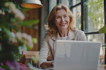 Smiling mature businesswoman in virtual meeting. Great for remote work articles, webinar promotions, and business communication visuals
