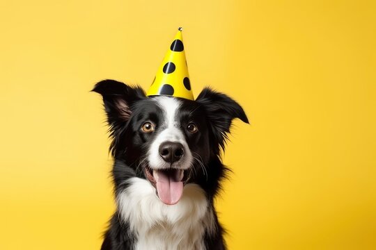 Happy Birthday party concept. Funny cute dog border collie wearing birthday silly hat and eyeglasses isolated on one color background. Pet dog on Birthday day and copy space - generative ai