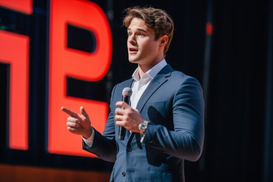 A professional man is standing in a suit and speaking into a microphone, Man in professional business attire giving a TED talk on stage, AI Generated