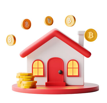 3D render house with coins flying around it, minimalistic style transparent PNG. Real estate and mortgage banking