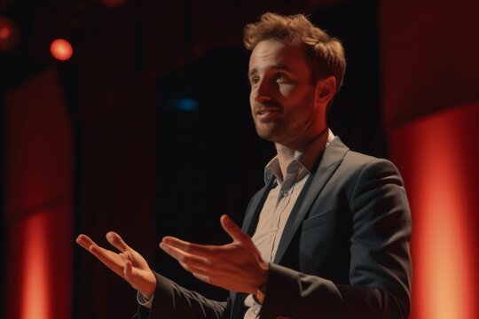 A man confidently stands in front of a microphone, prepared to speak or perform, Man in professional business attire giving a TED talk on stage, AI Generated
