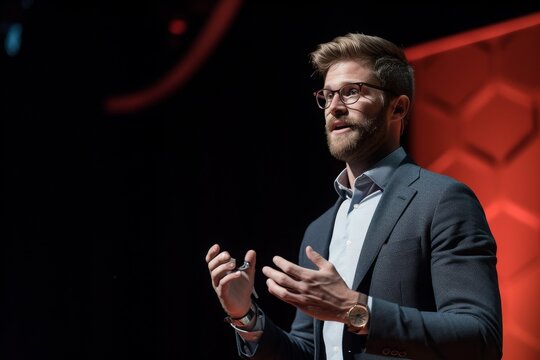 A man stands confidently on a stage, his hands casually tucked in his pockets, Man in professional business attire giving a TED talk on stage, AI Generated
