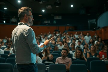 A man confidently stands in front of a diverse and engaged crowd, addressing them with passion and conviction, Man presenting a pitch in an auditorium filled with people, AI Generated - obrazy, fototapety, plakaty