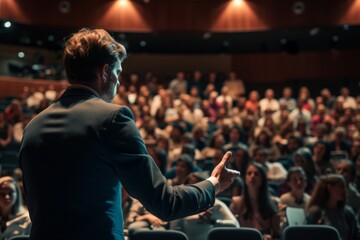 A man stands confidently in front of a large gathering of people, addressing them with determination and purpose, Man presenting a pitch in an auditorium filled with people, AI Generated - obrazy, fototapety, plakaty