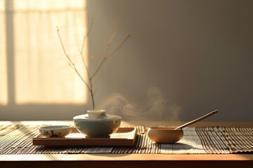 A table with a bowl and a spoon placed on top, ready for use, Minimalist art of a Chinese meal setting, AI Generated