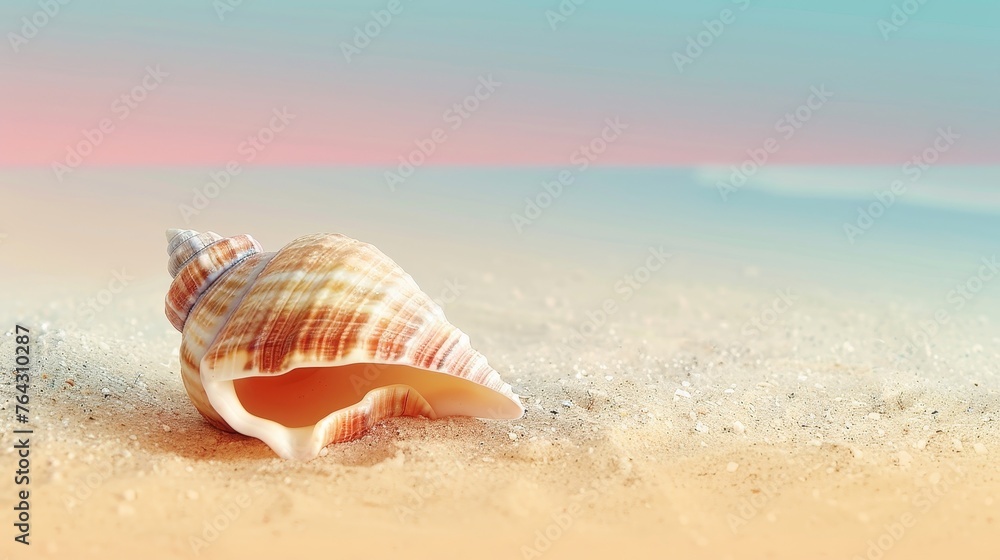 Poster a single seashell on a sandy beach with a gradient background ai generated illustration
