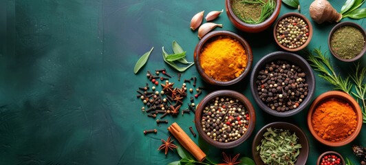 Assortment of colorful spices, seasonings and herbs in bowls on a dark green backdrop. Top view. Wide banner with copy space. Concept of cooking, culinary arts, seasoning, and gourmet ingredients.