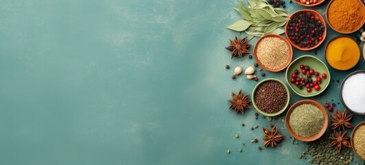 Assortment of colorful spices, seasonings and herbs in bowls on textured blue backdrop. Top view. Wide banner with copy space. Concept of cooking, culinary arts, seasoning, and gourmet ingredients.