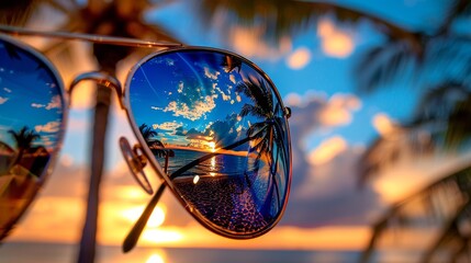 A single pair of sunglasses reflecting a palm tree and sunset AI generated illustration
