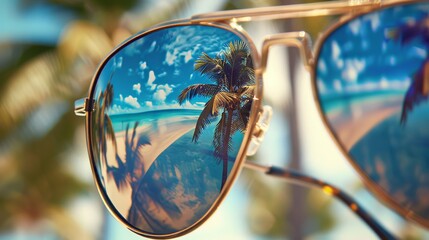 A single pair of sunglasses with palm trees reflected in the lenses AI generated illustration