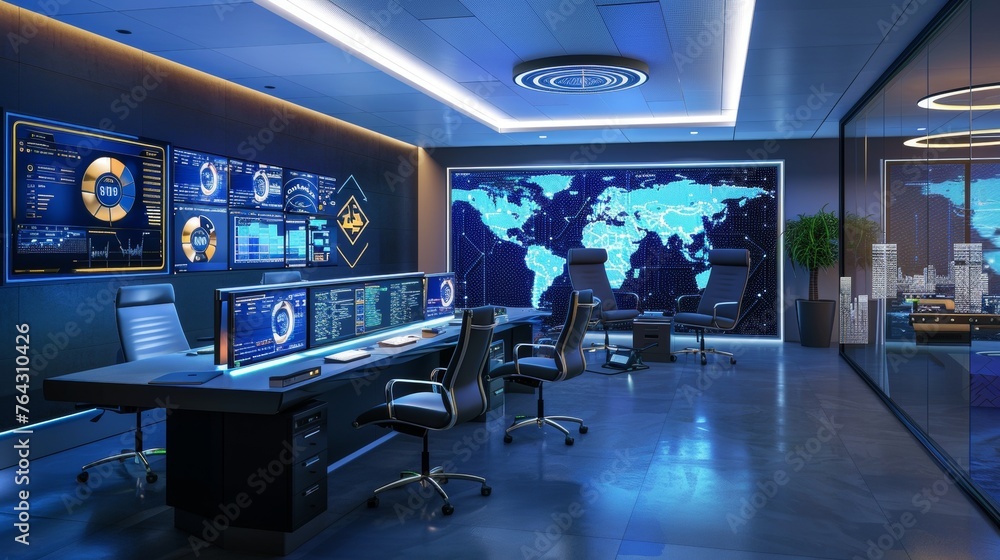 Poster a sleek cybersecurity command center monitoring and defending against cyber threats in real-time ai 