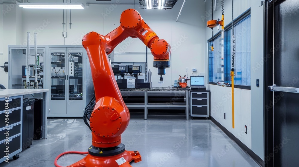 Poster a sleek robotics lab designing next-generation automation solutions for industries ai generated illu