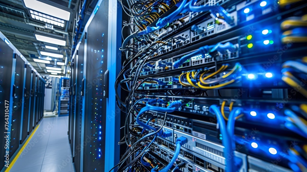 Poster a state-of-the-art data center housing servers and networking equipment to support cloud computing s