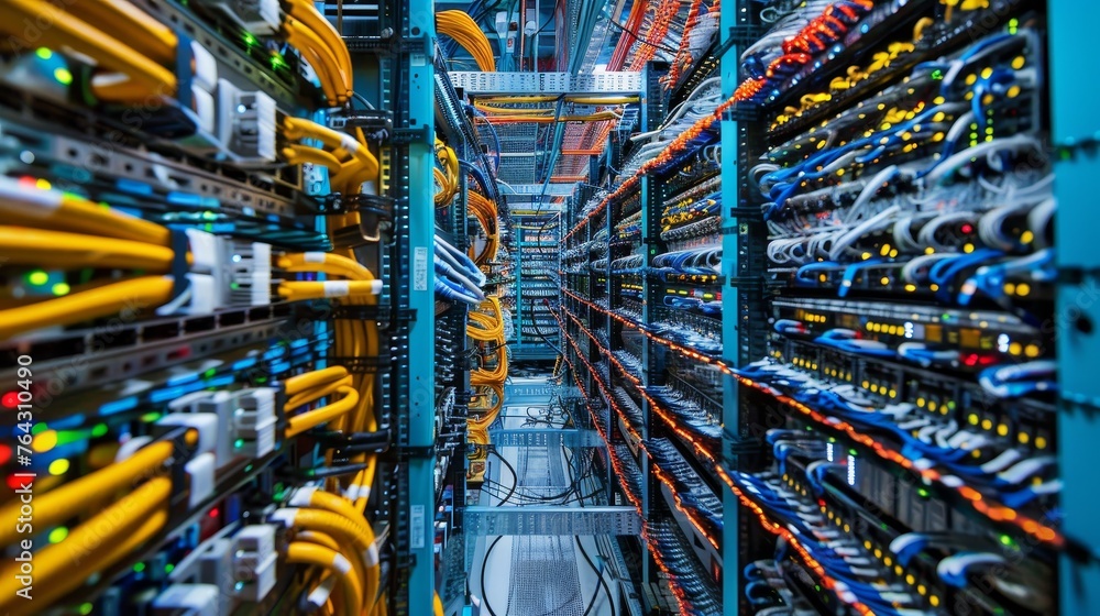 Poster a state-of-the-art data center housing servers and networking equipment to support cloud computing s