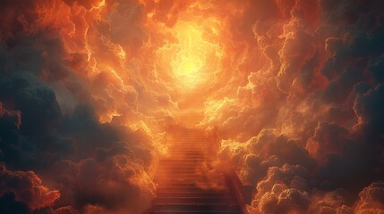 Majestic stairs rising into a sunlit gateway amidst golden clouds. Symbolic path to enlightenment or afterlife. Concept of spiritual quest, divine guidance, and sublime beauty.