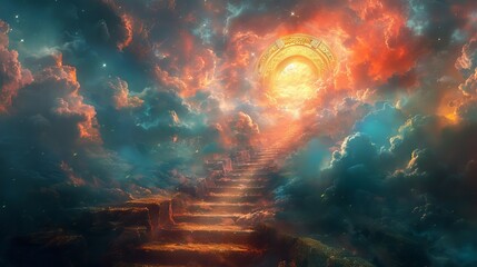 Mystical stairway ascending through clouds to radiant gateway. Staircase leading to glowing arch among the clouds. Concept of fantasy journey, heavenly ascent, mystical adventure, and ethereal realm. - obrazy, fototapety, plakaty