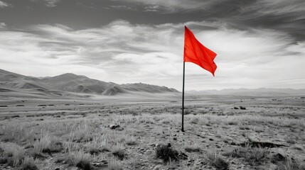 A splash of color in a monochrome landscape - a red flag fluttering in the breeze  AI generated illustration
