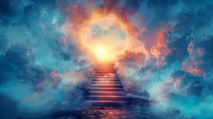 Stairway piercing through illuminated clouds, leading to a glowing portal. Vision of transcendence and ethereal passage. Concept of hope, enlightenment, and divine path. Watercolor art - obrazy, fototapety, plakaty