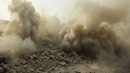 A swirling cloud of smoke and dust over shattered concrete AI generated illustration
