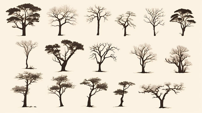 A set of trees, vector illustration, in the style of watercolor, white background, simple design, high resolution