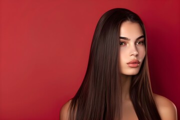 Woman With Brunette Straight Long Hair On Red Background. Concept Brunette, Straight Hair, Red Background, Woman, Portrait