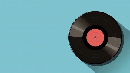Minimalist vintage vinyl record isolated on a blue background. Classic LP with a central highlight. Concept of minimalism, retro music, vinyl collection, and modern design. Art. Banner. Copy space
