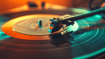 Record player with vinyl LP under soft light. The needle tracks the grooves of a spinning record. Concept of classic music playback, turntable mechanics, audiophile lifestyle, and retro ambiance. - obrazy, fototapety, plakaty