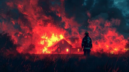 Fireman advancing towards a blazing house in darkness. Resolute firefighter confronting a devastating home conflagration. Concept of heroism, crisis intervention, danger, and fire response. Art