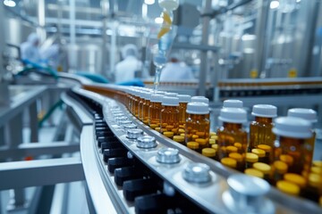 A factory filled with numerous bottles containing various liquids in a bustling industrial setting, Pharmaceutical production line in a modern factory, AI Generated