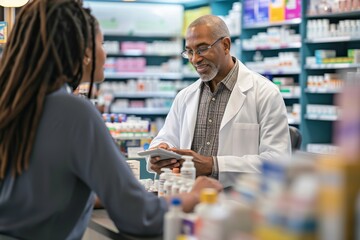 A pharmacist is engaged in a conversation with a customer, providing assistance and guidance in a bustling pharmacy, Pharmacist standing at the counter helping the customer, AI Generated - obrazy, fototapety, plakaty