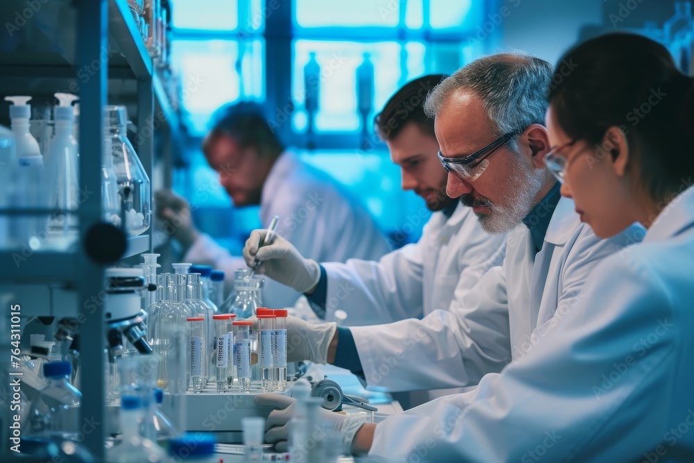 Poster a group of scientists and technicians conducting experiments and analyzing samples in a laboratory s