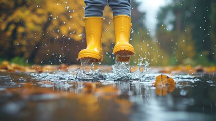 Child Joyfully Jumping Over Puddle in Rain with Yellow Rubber Boots Generative AI