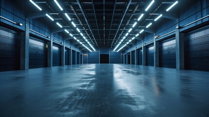 A vast, dark hall or garage, evoking a sense of space and potential, suitable for various uses including car storage or events - obrazy, fototapety, plakaty