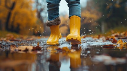 Child Joyfully Jumping Over Puddle in Rain with Yellow Rubber Boots Generative AI