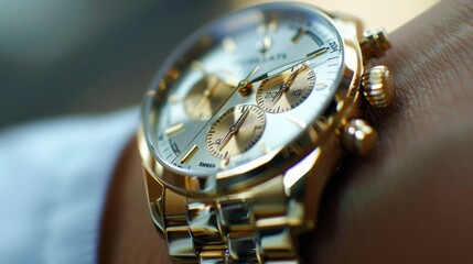 Close up of a shiny gold watch on a wrist AI generated illustration - obrazy, fototapety, plakaty