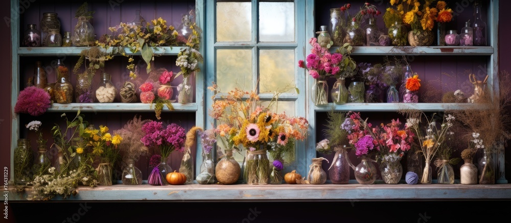 Poster there are multiple decorative vases filled with colorful flowers displayed neatly on a shelf in a we