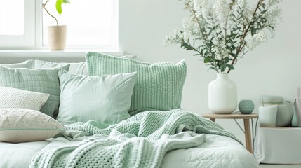 Cozy blankets and pillows in shades of mint green AI generated illustration