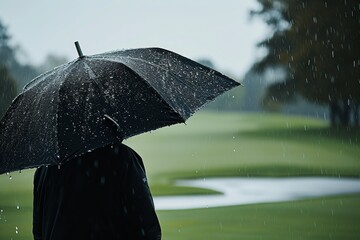 A person determinedly walks through the rain, holding an umbrella to shield themselves from the downpour, Playing golf on a rainy day with umbrella in hand, AI Generated - Powered by Adobe