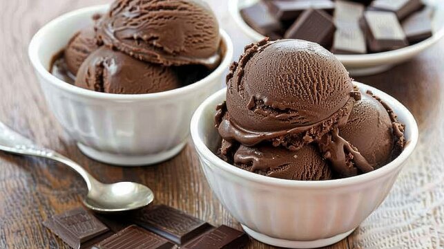 two bowls filled with chocolate ice cream next to a spoon and a bowl of chocolate ice cream on a table.