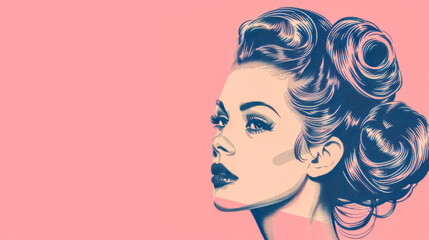 Stylized retro portrait of a woman with elegant hairstyle on a pink background