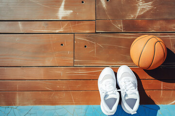 Basketball Shoes and Ball Lying on Wooden Floor. Flat Lay Image of Basketball Equipment on Sports Parquet