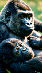 Gorillas en primer plano en la naturaleza - obrazy, fototapety, plakaty