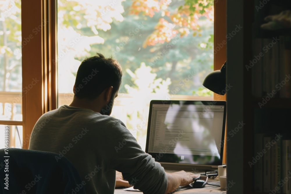 Poster a man sits at a desk while using a computer, representing solitude and independence in teleworking, 