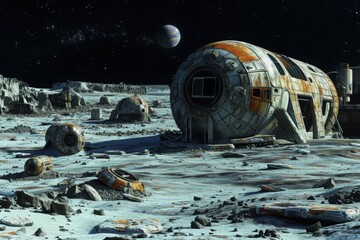 A space station is seen on the lunar surface, showcasing human presence and technological advancements, Retired spacecraft graveyard on a desolated moon surface, AI Generated - obrazy, fototapety, plakaty