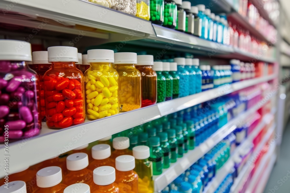 Poster a collection of differently colored bottles neatly organized on shelves, creating a vibrant and visu