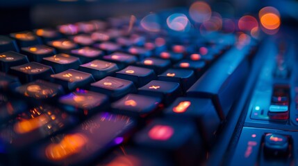 Macro shot of a computer keyboard with shallow depth of field AI generated illustration - obrazy, fototapety, plakaty