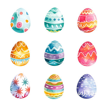 Set of stickers with hand-drawn watercolor colorful Easter eggs