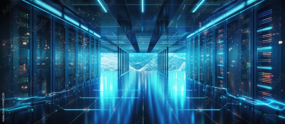Poster an extensive hallway filled with multiple server units standing in rows, each radiating a soft glow