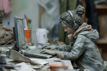 A statue of a woman diligently working on a computer, showcasing her focus and dedication, Sculpture of a person in a telework environment, AI Generated