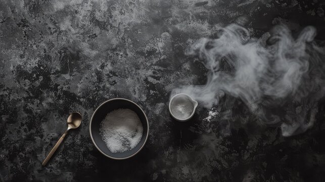 a bowl of sugar and a spoon of sugar on a black surface with smoke coming out of the top of the bowl.